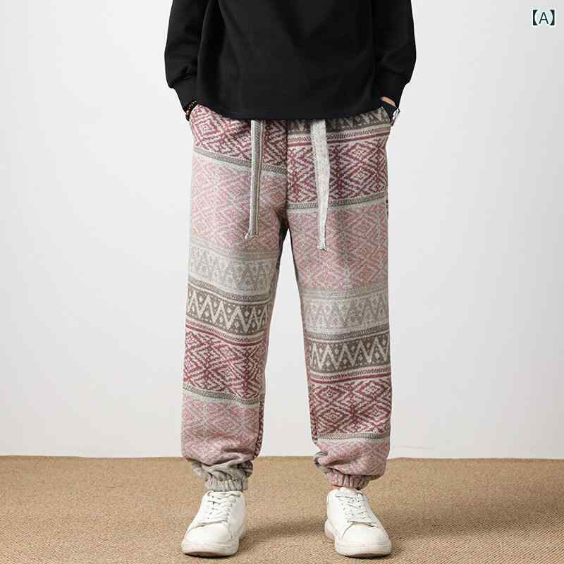 カジュアルパンツ メンズ 春秋 新中華風 民族調 ジャカード織りニット ウォッシュ加工 切り替えデザイン ジョガー 裏起毛 綿混 ゆったり リラックスフィット
