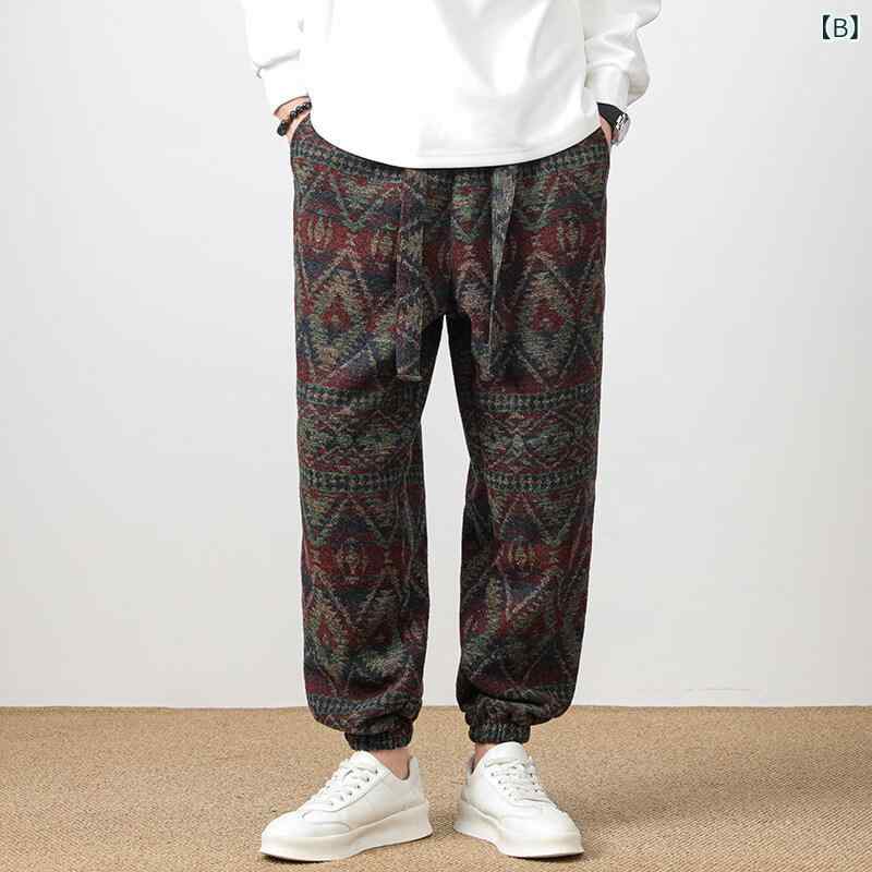 カジュアルパンツ メンズ 春秋 新中華風 民族調 ジャカード織りニット ウォッシュ加工 切り替えデザイン ジョガー 裏起毛 綿混 ゆったり リラックスフィット