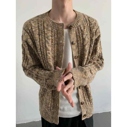ニットカーディガン メンズ 男性用 秋冬 ゆったり オーバーサイズ 切り替え ケーブル編み ボタン アウター ポリエステル ウォールナットブラウン カジュアル ストリート 韓国ファッション イージーケア トップス