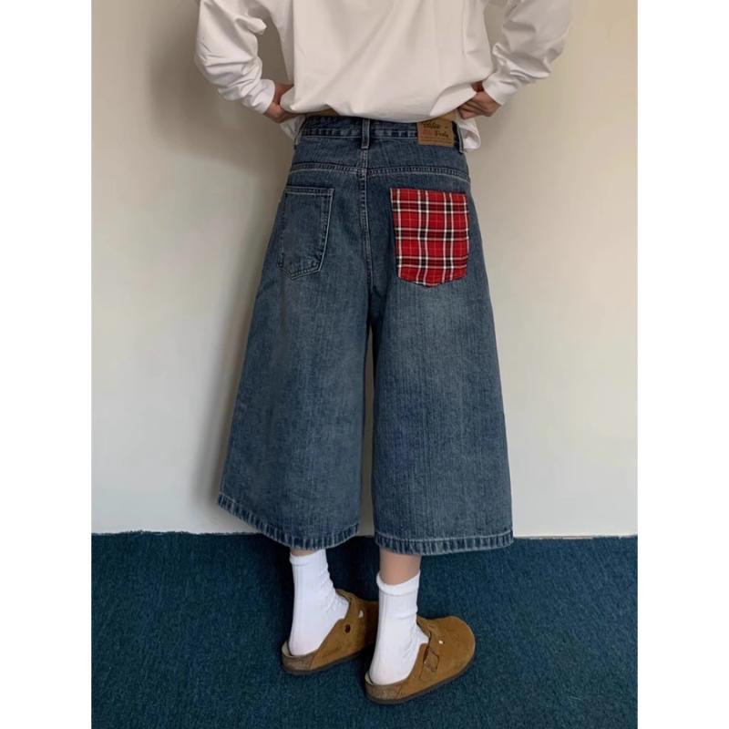 デニムハーフパンツ メンズ アメリカンヴィンテージ チェック柄 切り替え ワイドシルエット 七分丈 ハイウエスト ゆったり 着痩せ カジュアル 普段使い 着回し 綿 春夏 ブルー