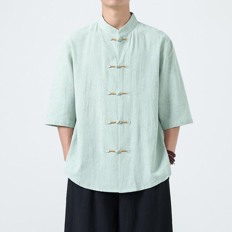 シャツ メンズ 夏 半袖 レトロ トレンド プリント スタンドカラー チャイナ風 中華風 ゆったり ルーズフィット 綿混素材 イージーケア カジュアル 普段使い