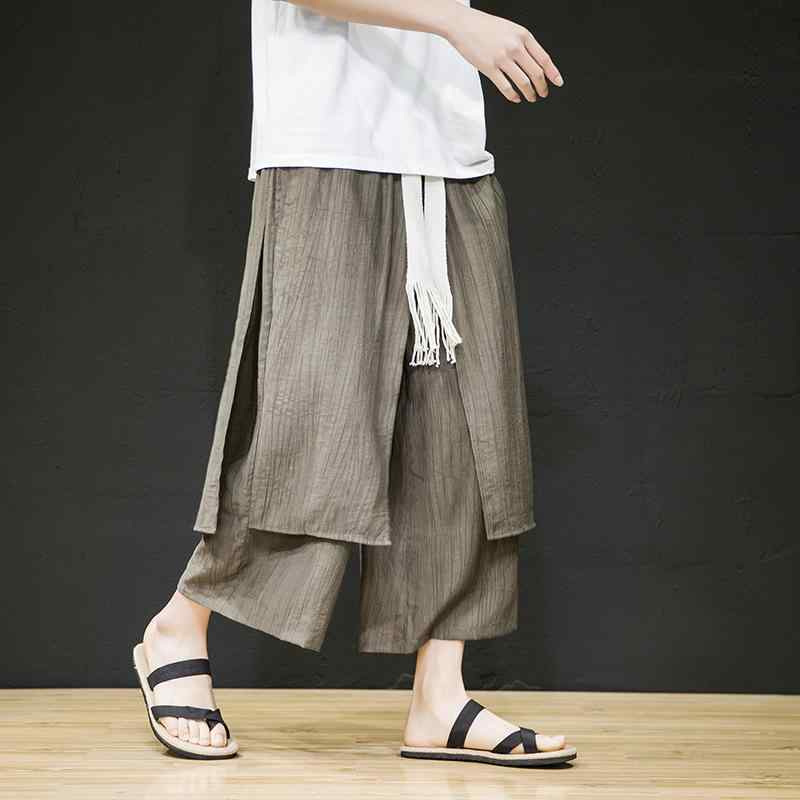 パンツ メンズ 中国風 2ピースデザイン ゆったり ワイド サルエル 9分丈 クロップド 薄手 大きいサイズ ナイロン混 通気性 しわになりにくい ウエスト紐付き カジュアル 普段使い 春夏