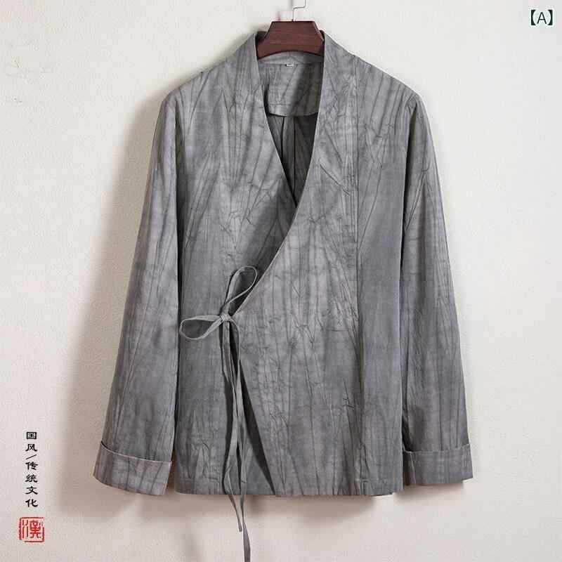 楽天way-ugoアウター メンズ 中華風 改良漢服 道袍デザイン レトロ トレンド 斜め前合わせ ヴィンテージ加工 綿麻混 グレー 春夏 カジュアル 羽織り アジアンファッション