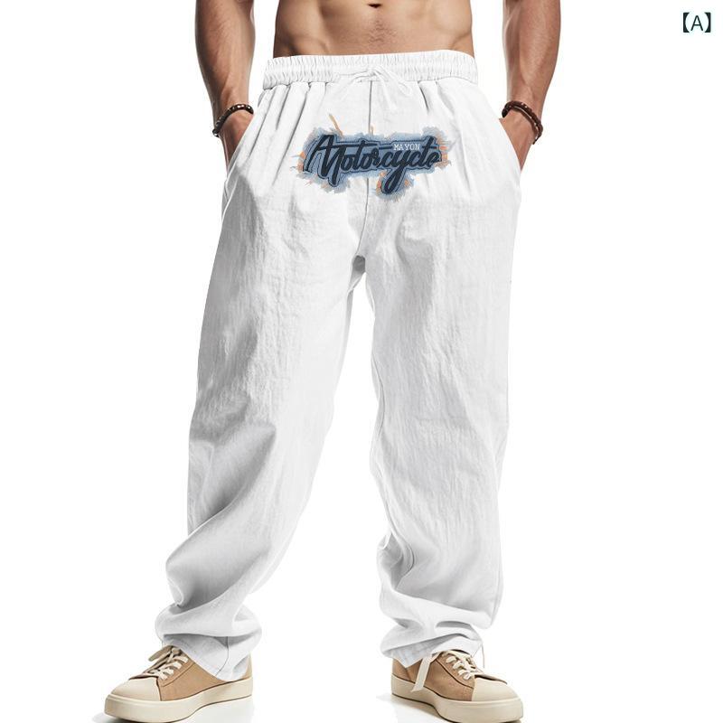 ロングパンツ メンズ 春夏 ゆったり ワイド リネン 麻混紡 ウォッシュ加工 刺繍 アメリカンカジュアル ストリート ヒップホップ スポーツ ジョギング カジュアル 薄手 イージーケア 男性用