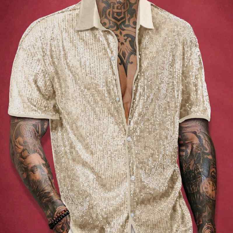 シャツ メンズ 男性用 スパンコール 半袖 襟付き ボタン パーティー イベント ナイトシーン ステージ衣装 光沢 キラキラ トップス 春夏 ポリエステル 通気性 メタリックカラー