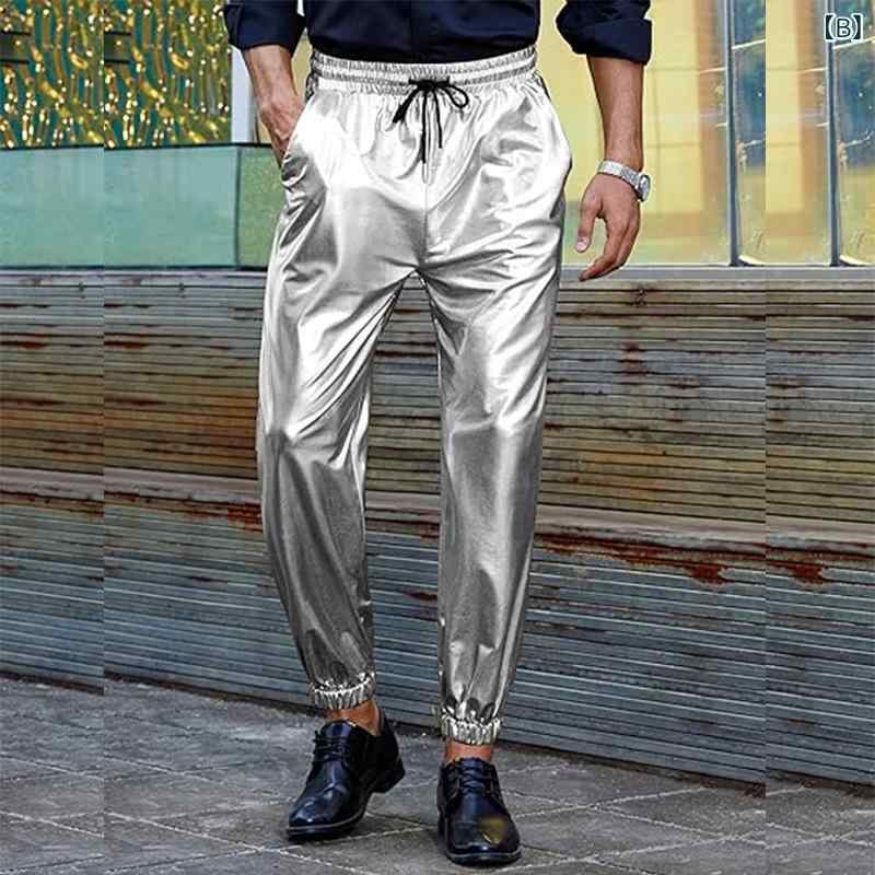 パンツ メンズ 男性用 パフォーマンスウェア 衣装 ロングパンツ ロックテイスト 個性的 ディスコ パーティー 発表会 舞台 ステージ ライブ ポリエステル ブラック シルバー イエロー