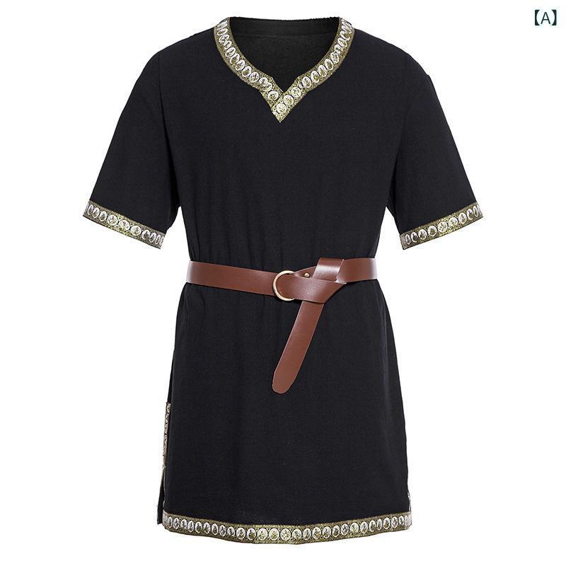 シャツ メンズ 春夏 半袖 中世 ハロウィン コスプレ衣装 チュニック トップス ゆったり Vネック ストライプ 通気性 ポリエステル 綿混 カジュアル ブラック カーキ ネイビー