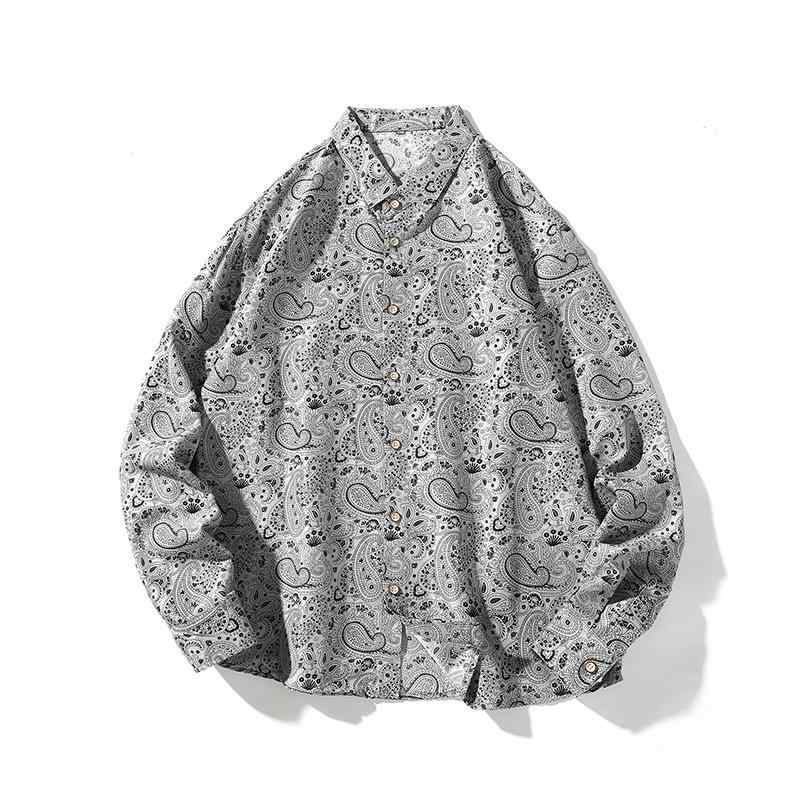シャツ メンズ 秋冬 長袖 トップス ペイズリー柄 香港風 ルーズフィット オーバーサイズ 大きいサイズ ゆったり カジュアル 普段使い ストリート系 綿混 ポリエステル 襟付き 羽織り グレー カーキ