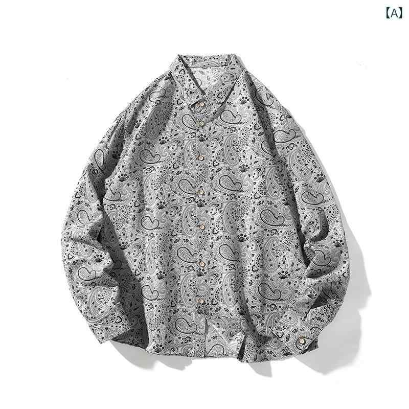 シャツ メンズ 秋冬 長袖 トップス ペイズリー柄 香港風 ルーズフィット オーバーサイズ 大きいサイズ ゆったり カジュアル 普段使い ストリート系 綿混 ポリエステル 襟付き 羽織り グレー カーキ
