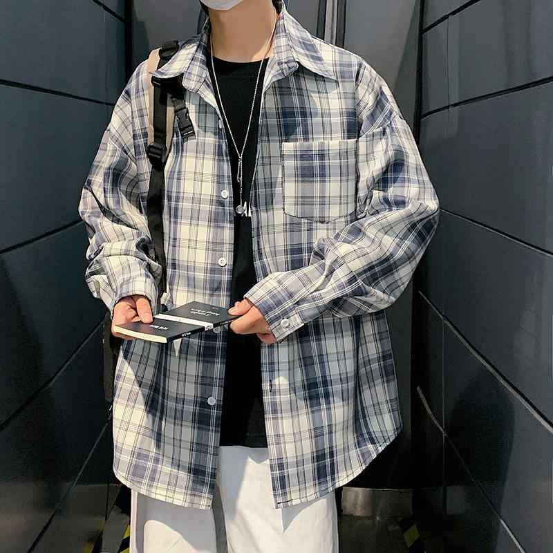 シャツ メンズ 男性用 学生 長袖 チェック柄 韓国風 香港風 ビッグシルエット ルーズフィット 綿混 春秋 トップス アウター カジュアル おしゃれ トレンド 普段使い ストリート 黒 青