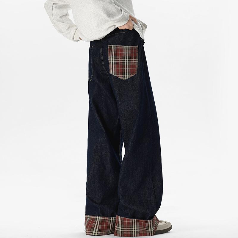 デニムパンツ メンズ ウォッシュ加工 デザイン性 チェック柄 ロールアップ ワイドパンツ ノンストレッチ ミドルウエスト 韓国ファッション カジュアル リラックス ロング丈 ブルー