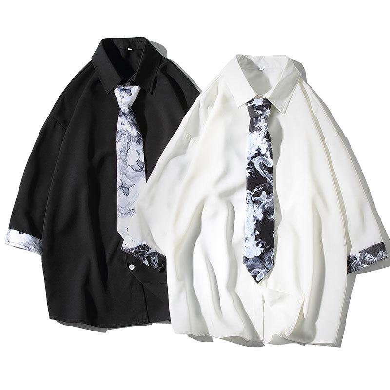 シャツ メンズ トップス 無地 七分袖 ゆったり ルーズフィット オーバーサイズ ビッグシルエット 袖口切り替え ポリエステル混紡 薄手 イージーケア ノーアイロン 日系カジュアル 普段使い 春夏