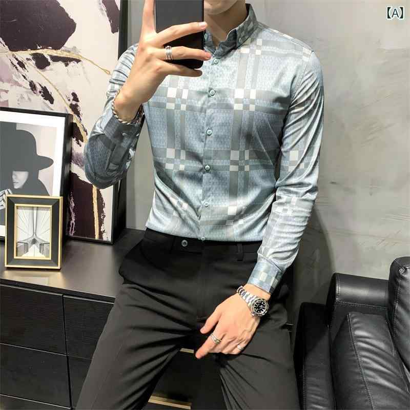 シャツ メンズ 男性用 長袖 格子柄 英国風 韓国風 カジュアル プリント 総柄 スリムフィット 細身 ポリエステル混紡 通勤 普段使い 若者向け 秋冬 ライトブルー 蛍光グリーン