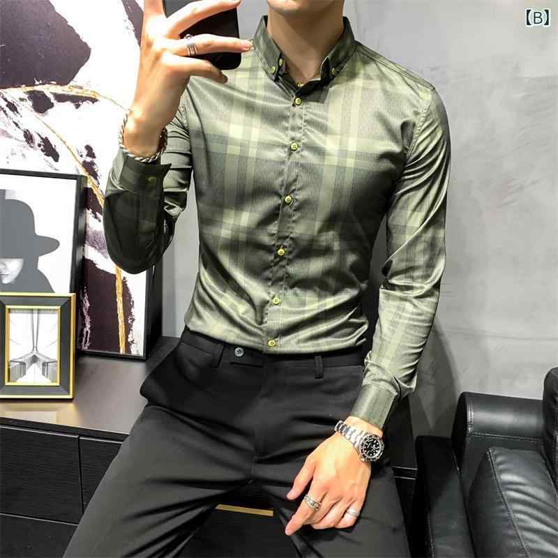 シャツ メンズ 男性用 長袖 格子柄 英国風 韓国風 カジュアル プリント 総柄 スリムフィット 細身 ポリエステル混紡 通勤 普段使い 若者向け 秋冬 ライトブルー 蛍光グリーン