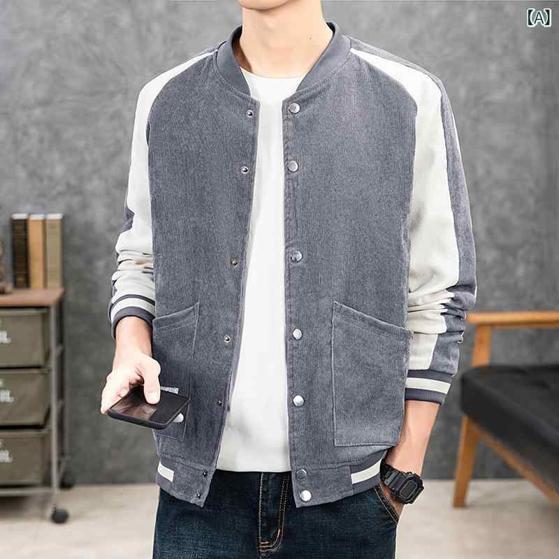 ジャケット メンズ ベースボールジャケット コーデュロイ 切り替え スタンドカラー 春秋 韓国ファッション ポリエステル素材 前開き サイドポケット レギュラーフィット カジュアル ストリート タウンユース グレー ブラック ブルー