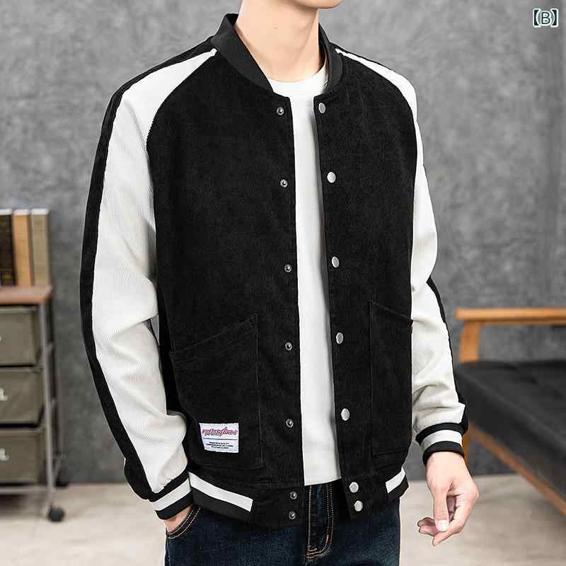 ジャケット メンズ ベースボールジャケット コーデュロイ 切り替え スタンドカラー 春秋 韓国ファッション ポリエステル素材 前開き サイドポケット レギュラーフィット カジュアル ストリート タウンユース グレー ブラック ブルー