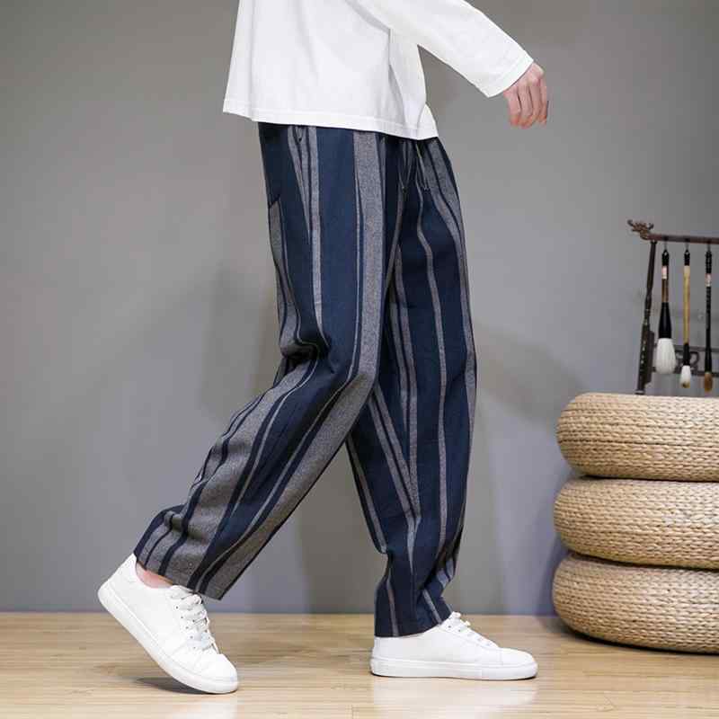 パンツ メンズ 春秋 綿麻 コットンリネン ストライプ ロング丈 ストレート ゆったり 大きいサイズ カジュアル 普段使い 中華風 レトロ 薄手 通気性 ブラック ネイビー