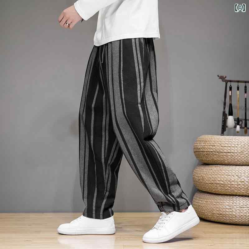 パンツ メンズ 春秋 綿麻 コットンリネン ストライプ ロング丈 ストレート ゆったり 大きいサイズ カジュアル 普段使い 中華風 レトロ 薄手 通気性 ブラック ネイビー
