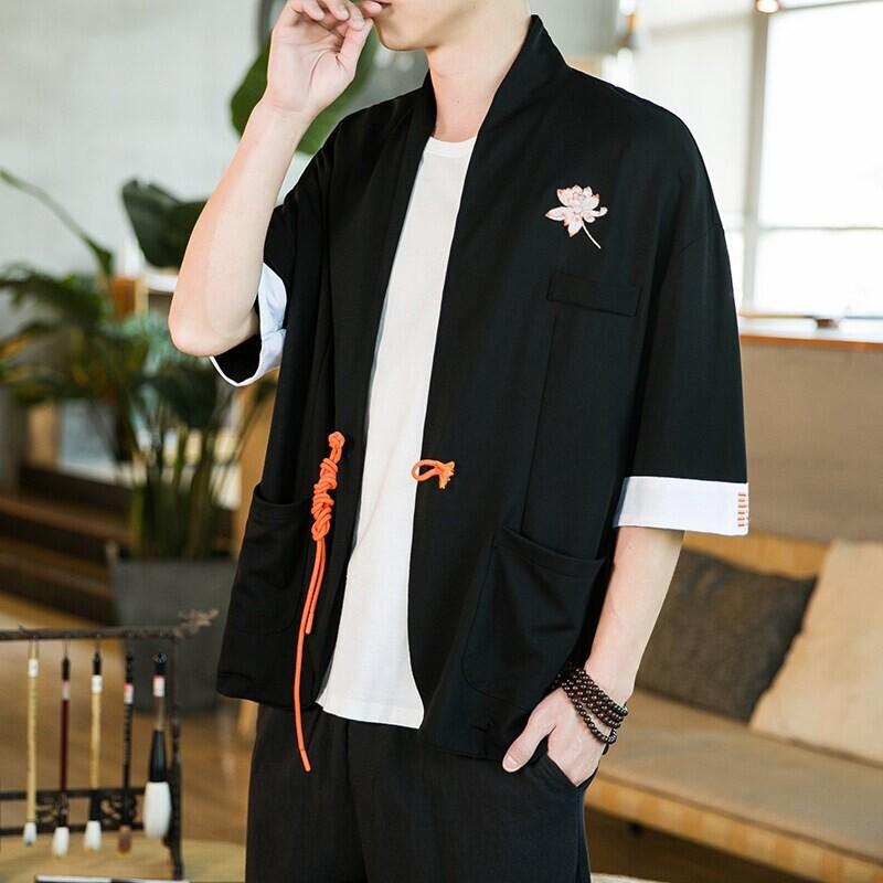 シャツ メンズ 半袖 スタンドカラー チャイナ風 漢服 道袍 刺繍 花柄 ゆったり ルーズシルエット カジュアル 羽織り 春夏 ポリエステル混紡