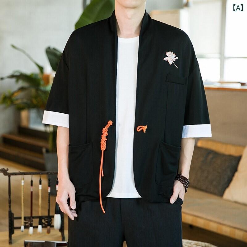 シャツ メンズ 半袖 スタンドカラー チャイナ風 漢服 道袍 刺繍 花柄 ゆったり ルーズシルエット カジュアル 羽織り 春夏 ポリエステル混紡