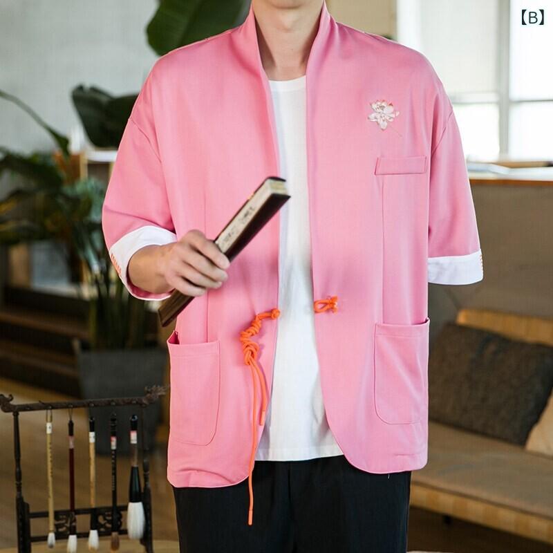 シャツ メンズ 半袖 スタンドカラー チャイナ風 漢服 道袍 刺繍 花柄 ゆったり ルーズシルエット カジュアル 羽織り 春夏 ポリエステル混紡