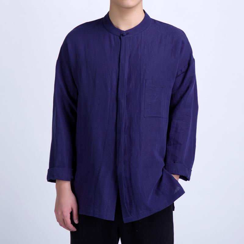 シャツ メンズ 男性用 チャイナ風 綿麻 リネンブレンド 長袖 スタンドカラー 無地 飾りボタン チャイナボタン 大きいサイズ ビッグシルエット ゆったり 普段使い カジュアル トップス 春秋