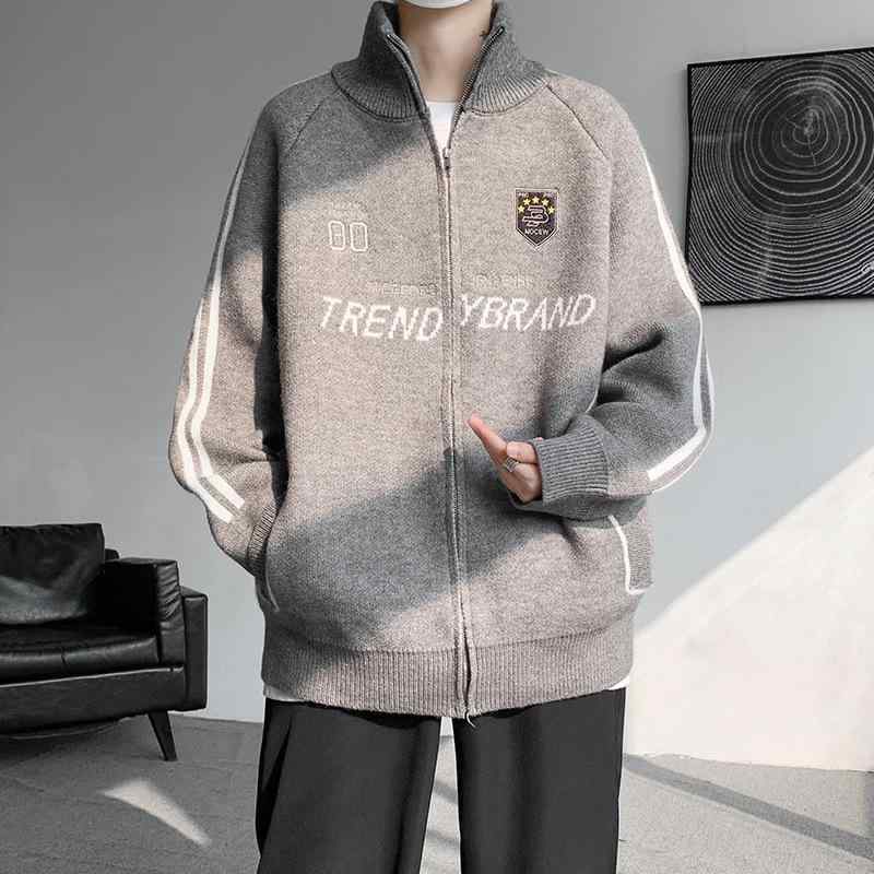 ニットジャケット メンズ オーバーサイズ スタンドカラー カーディガン スタジャン レーシング ブルゾ..