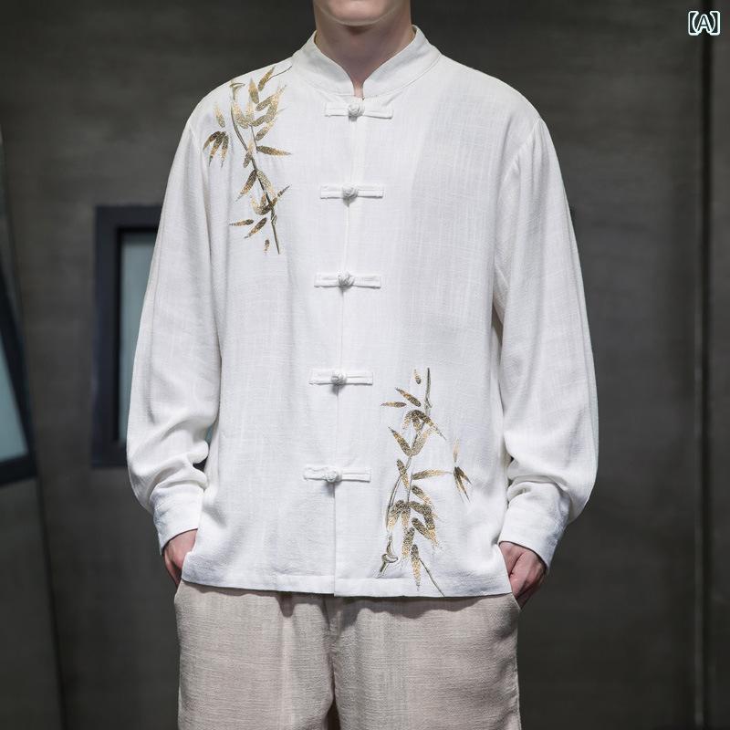 シャツ メンズ 男性用 春夏 チャイナ風 レトロ 麻 リネン 長袖 スタンドカラー 竹葉刺繍 チャイナボタン ビッグシルエット ゆったり 大きいサイズ 通気性 吸湿速乾 トップス
