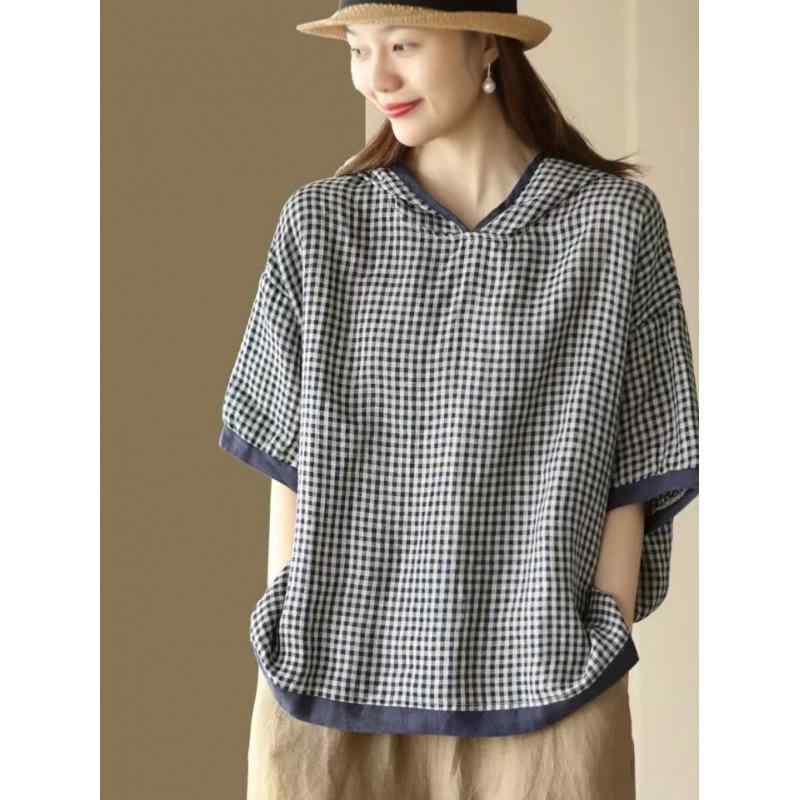 シャツ レディース レトロ フード付き チェック柄 半袖 プルオーバー トップス ゆったり ルーズフィット フリル袖 カジュアル 綿麻素材 紺 ネイビー ブラウン 普段使い 春夏 体型カバー ミドル丈