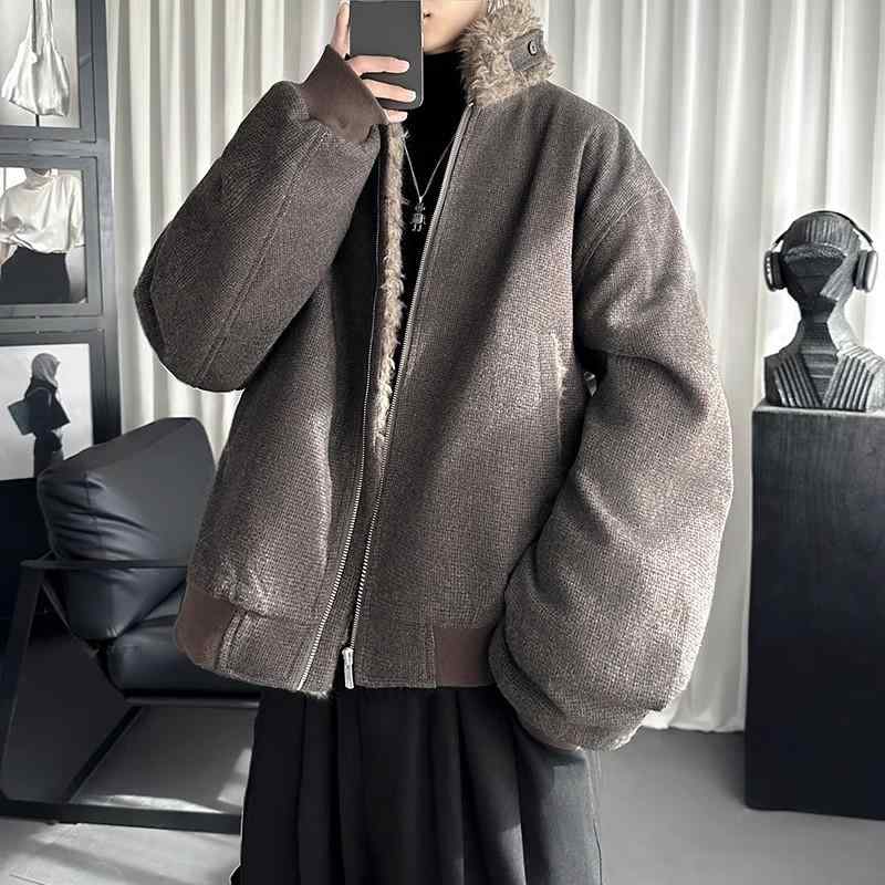 中綿ジャケット 男性用 秋冬 韓国ファッション レトロ カジュアル ファー襟 ウール調 スタンドカラー ゆったり オーバーサイズ 厚手 ジップアップ 防寒 保温 アウター ダークブラウン