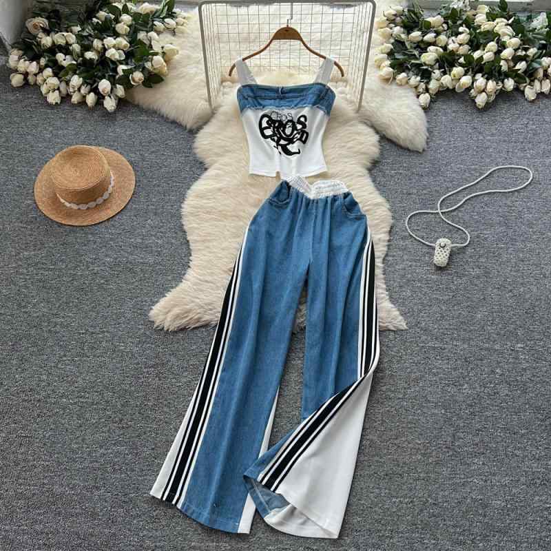セットアップ レディース カジュアル 春夏 アメカジ レトロ ファッション アルファベット 刺繍 ショート丈 キャミソール ノースリーブトップス ハイウエスト デニム ワイドパンツ ガウチョパンツ ツーピース リラックス お出かけ
