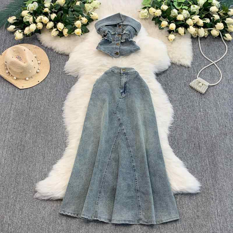 セットアップ レディース アメリカンレトロ ヴィンテージ風 大人カジュアル デザイン オフショルダー ビスチェ フリンジ ウエストマーク ハイウエストスカート 伸縮性 春夏 ライトブルー(4)