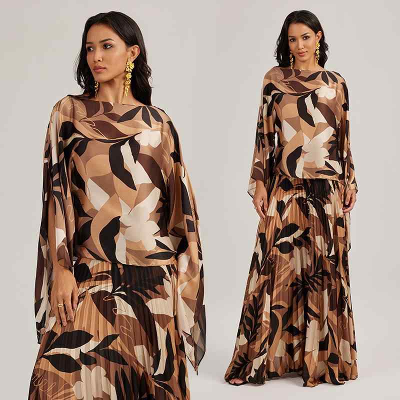 セットアップ レディース ノースリーブ リゾート風 フレアシルエット 花柄 ボタニカル柄 プリント シェニール スパンデックス混 春夏 大人カジュアル エレガント ブラウン グリーン