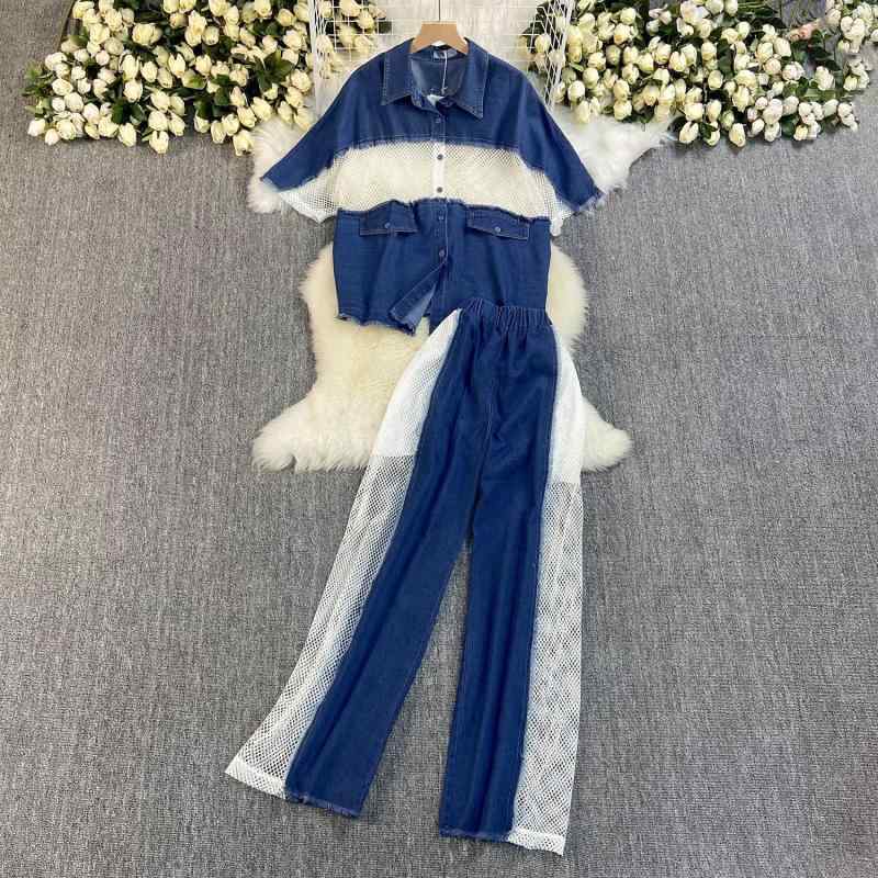 カジュアルセットアップ レディース 春夏 半袖 ブラウス ワイドショートパンツ デニム メッシュ 切り替え 配色デザイン ゆったり 普段使い お出かけ 上下セット