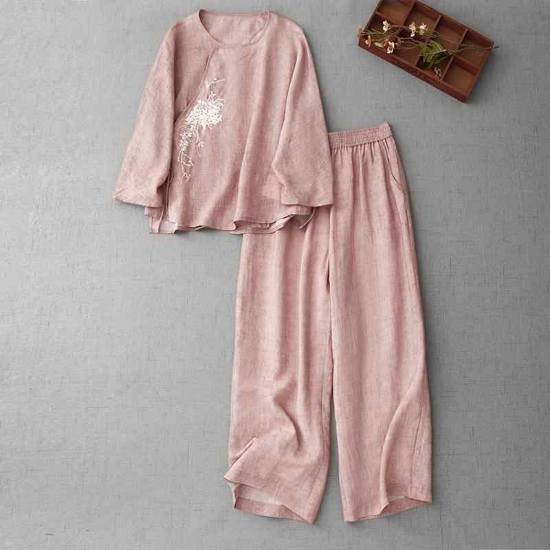 セットアップ レディース 新中式 レトロ 綿麻 刺繍 カジュアル 七分袖 トップス ワイドパンツ ピンク 春夏 ゆったり リラックスフィット 体型カバー エスニック プルオーバー