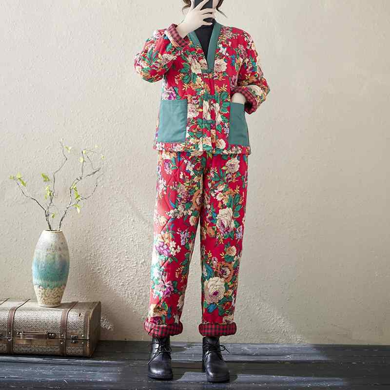 セットアップ レディース 秋冬 レトロ チャイナ風 配色切り替え ゆったり 大きいサイズ 中綿入り 厚手 暖か 防寒 東北大花柄 中綿ジャケット 中綿パンツ 上下セット 民族風 カジュアル