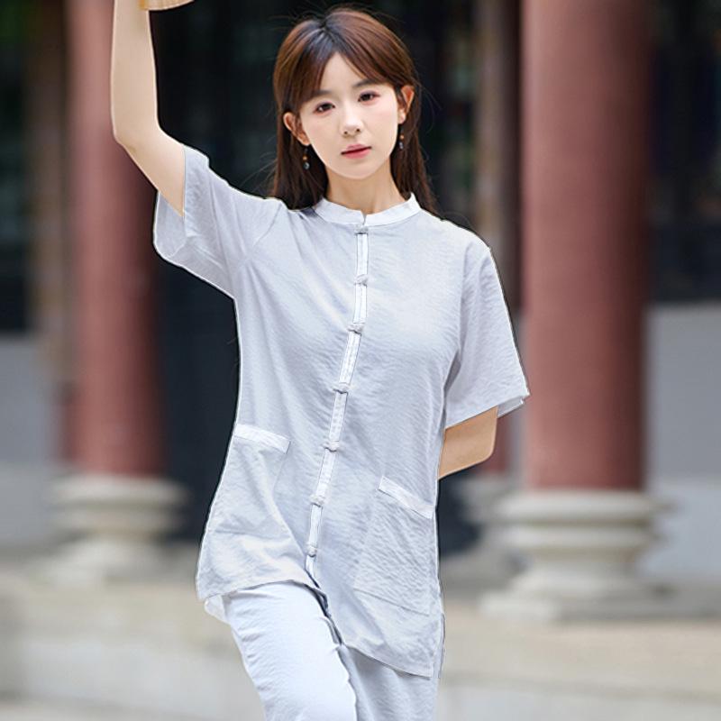トップス 春夏 レトロ 中国風 改良 禅風 茶服 居士服 ゆったり 半袖 リネン混 リラックスウェア セット..