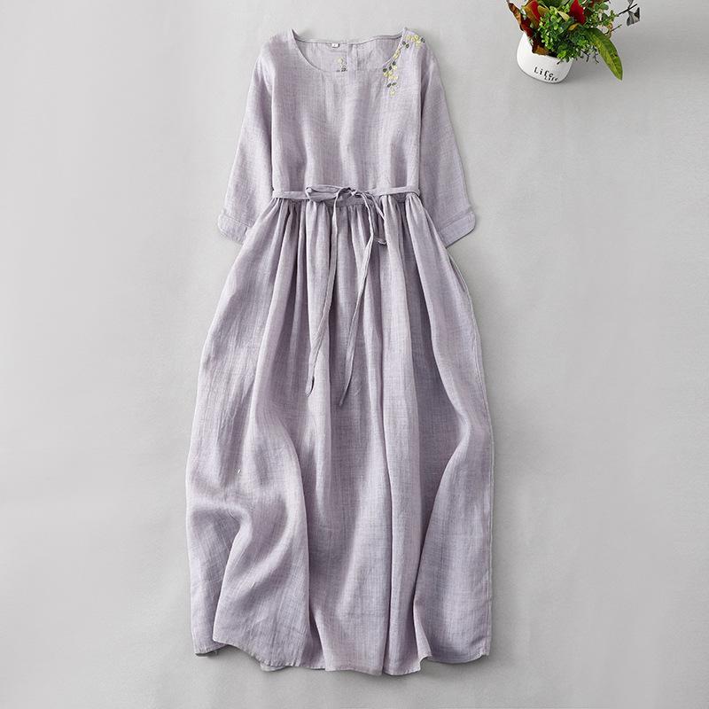 ワンピース ミモレ丈 ゆったり Aライン 刺繡 無地 ラウンドネック 長袖 麻 リネン ポケット ボタン 切り替え シンプル カジュアル ストリート 春夏