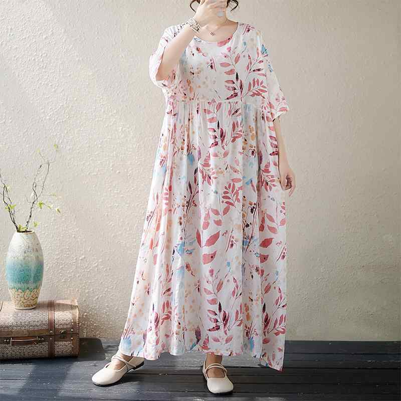ワンピース レディース 大きいサイズ プラスサイズ ゆったり ビッグシルエット リネン素材 ロングワンピース 半袖 ラウンドネック 丸首 プリント 柄 ピンク マキシ丈 春夏 カジュアル シンプル