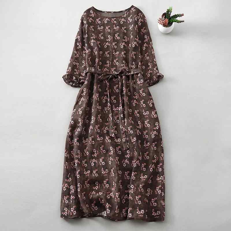 ワンピース レディース 小花柄 ゆったり リラックスフィット 体型カバー 着痩せ 小柄向け ミディ丈 ラウンドネック 五分袖 リネン 麻 カフェオレ色 ブラウン系 肌映え カジュアル レトロ ナチュラル 上品 春夏 普段使い お出かけ(4)