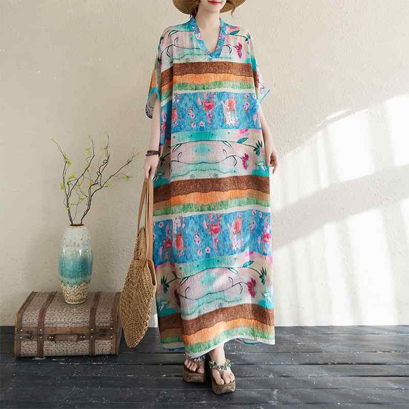 ワンピース レディース 女性用 春夏 Vネック ゆったり 大きいサイズ ロング丈 Aライン 半袖 花柄 プリント 綿麻 リネン 体型カバー 華奢見え レトロ カジュアル ブルー