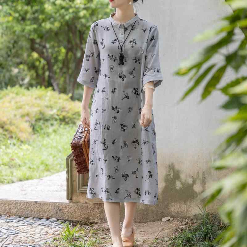 シャツワンピース レディース レトロ 上品 着痩せ ゆったり 綿麻 リネン 花柄 プリント ポケット ボタン 切り替え Hライン ミディ丈 長袖 ポロ襟 春夏 普段使い リラックスカジュアル