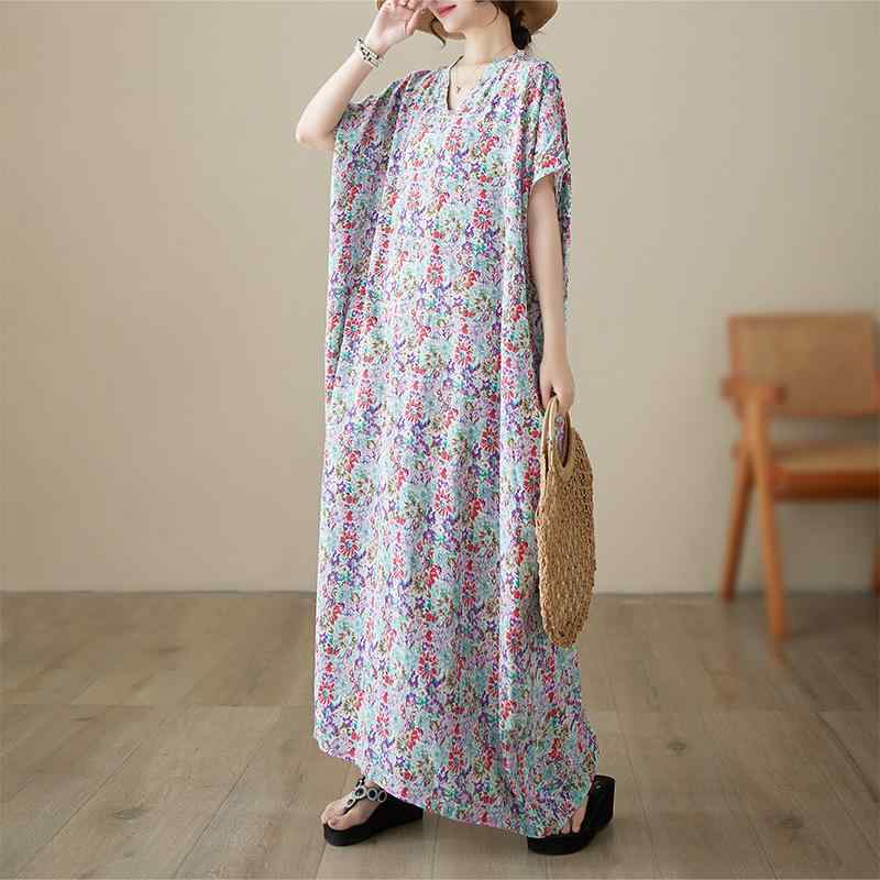 ワンピース レディース ミセス 中高年女性向け Vネック ノースリーブ 花柄 総柄 ロング丈 マキシ丈 ゆったり 体型カバー 大きいサイズ レトロ エスニック 春夏 きれいめ 通勤 ボヘミアン 若見え プルオーバー フリルヘム