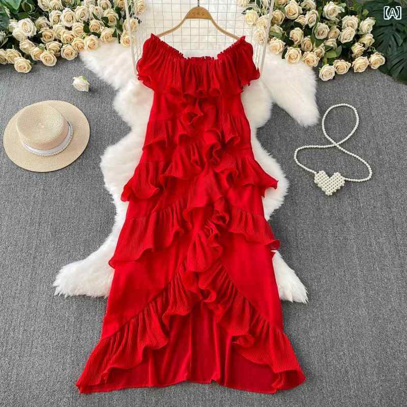 ワンピース レディース 高級感 エレガント オフショルダー フリル ロング丈 スリット Aライン 無地 ゆったり ハイウエスト ポリエステル 春夏 リゾート お呼ばれ パーティー 女性用