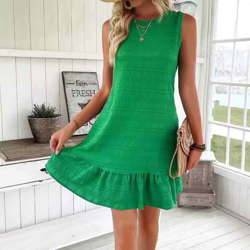 ワンピース レディース 女性用 春夏 バックリボン フリル ミニ丈 ノースリーブ ラウンドネック 無地 プルオーバー ポリエステル 伸縮性 きれいめ エレガント 上品 通勤 オフィス カジュアル