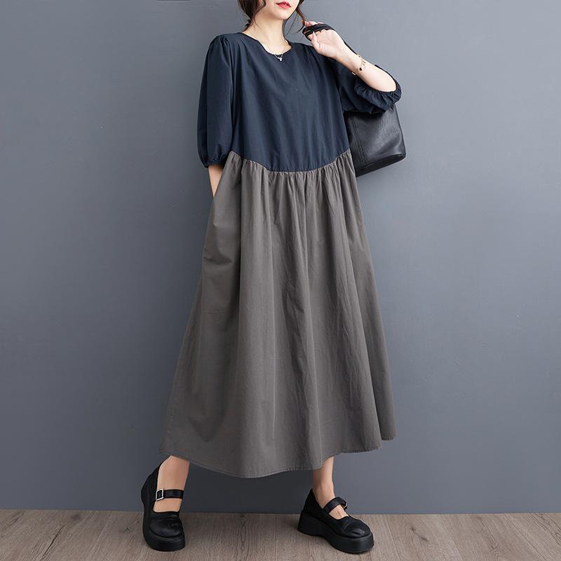 ワンピース レディース 秋冬 レトロ ヴィンテージ ゆったり 体型カバー 着痩せ効果 切り替えデザイン 配色 クルーネック 丸首 七分袖 パフスリーブ コットンリネン 綿麻 ミモレ丈 フレアスカート グレー ブラウン 普段使い お出かけ カジュアルのサムネイル