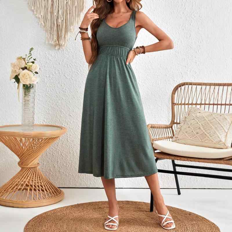 ワンピース レディース 春夏 Uネック ノースリーブ Aライン ハイウエスト ミディ丈 切り替え 無地 シンプル カジュアル きれいめ グリーン ポリエステル スパンデックス 快適 リラックス