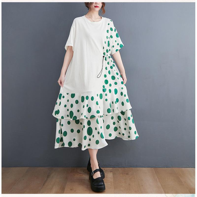 ワンピース レディース 春夏 ドット柄 プリント 切り替え ロング丈 Aライン ゆったり ウエストドローストリング 着痩せ スタイルアップ ラウンドネック 半袖 ホワイト カジュアル デイリー 大人可愛い