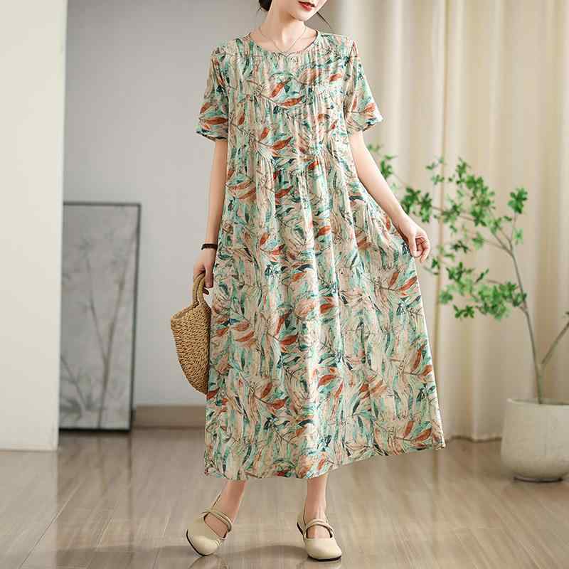 ワンピース レディース 女性用 春夏 レトロ アンティーク風 綿麻 植物花柄 丸首 クルーネック 半袖 ゆったり ルーズ 大きいサイズ 体型カバー 着痩せ 切り替え 通勤 普段使い カジュアル Aライン ドレス