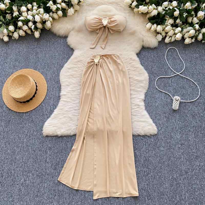 セットアップ レディース 女性用 メタルバックル ストラップ ビスチェ ベアトップ ハイウエスト スリット タイトスカート 上下セット セクシー エレガント フェミニン 大人きれいめ 春夏